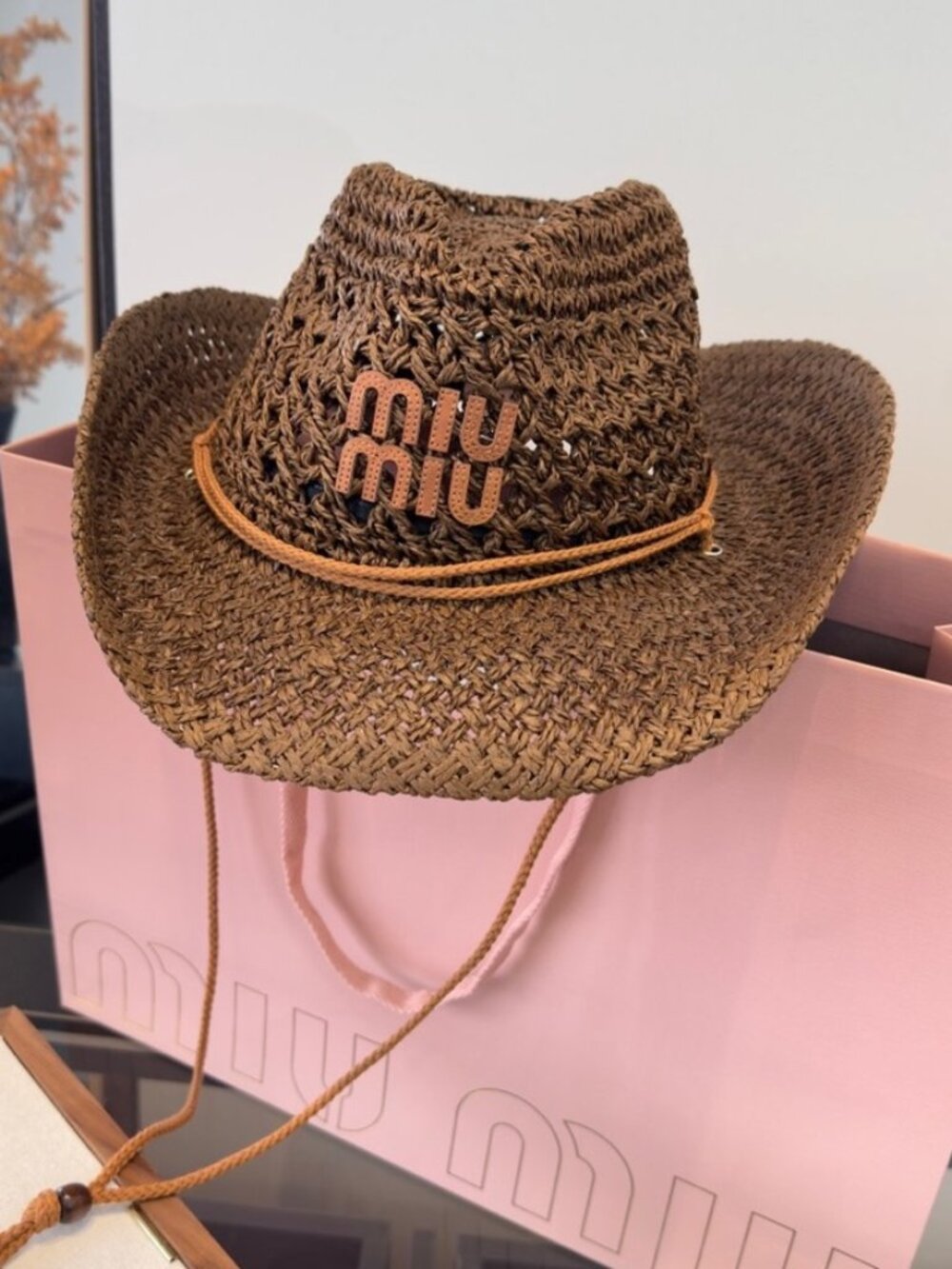 Miu Miu Brown Woven Straw Western Cowboy Hat